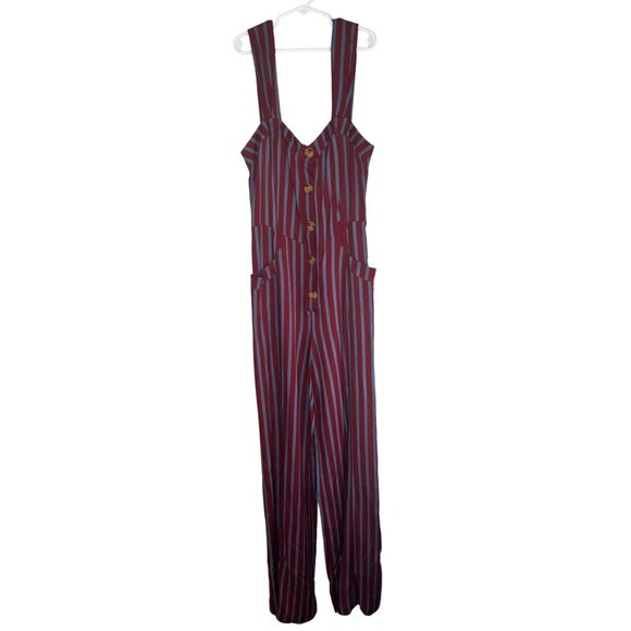 Free People City Girl Striped Red & Blue Wide-Leg Jumpsuit Button-Front Size 2 - Picture 10 of 14
